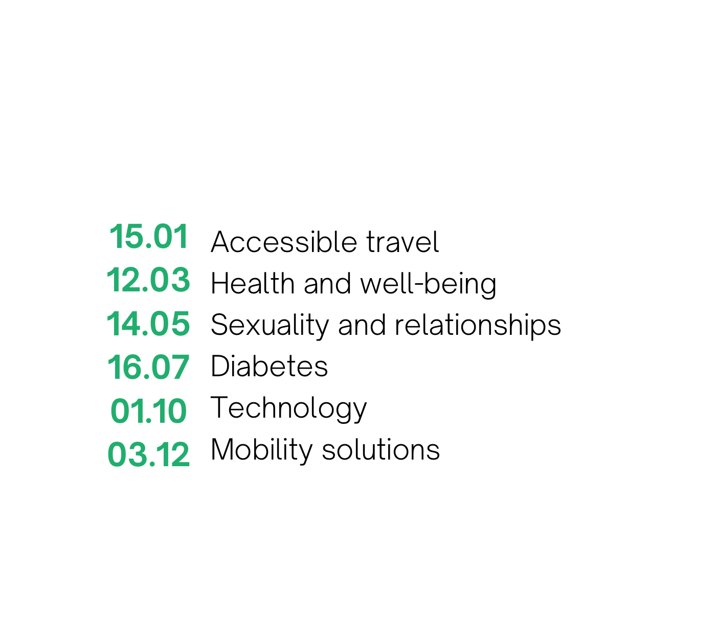 Text list of dates and topics for Inclusive Circle events